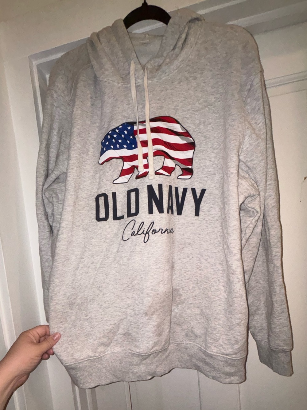 Old Navy Light Gray Hoodie with Flag Bear Graphic